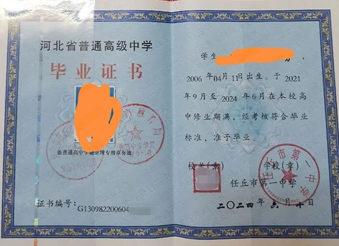 尖草坪任丘市第一中学高中毕业证样本图片